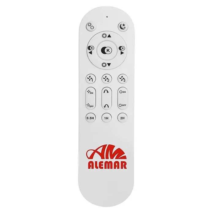 Alemar Ventilador de techo Malabo - Negro, 50 cm, 31 W, Blanco neutro - Mando a distancia blanco para ventilador de techo y luz, con botones para encendido, velocidad del ventilador, ajustes de luz y temporizadores. Logo ALEMAR.