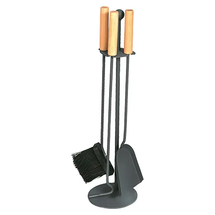 Lienbacher Kamingarnitur - 3 -tlg., Anthrazit, Höhe: 64 cm, Stahl - Ein Kamingarnitur-Set mit Kaminbesen, Schaufel, Schürhaken und Zange, alle auf einem Ständer, ideal für die Kaminpflege.