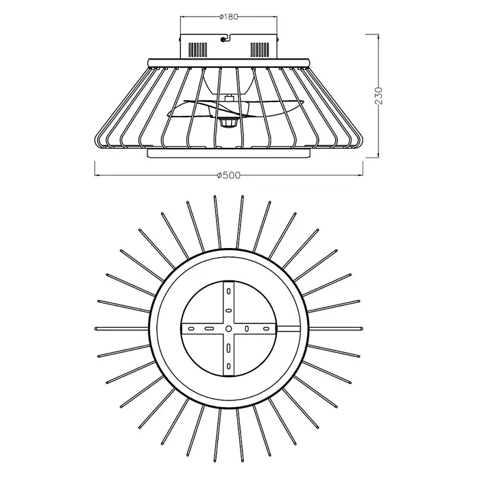 Alemar Ventilador de techo Malabo - Negro, 50 cm, 31 W, Blanco neutro - Dibujo técnico de un ventilador de techo con una jaula de alambre metálico. Dimensiones: Ø500mm, altura 230mm.