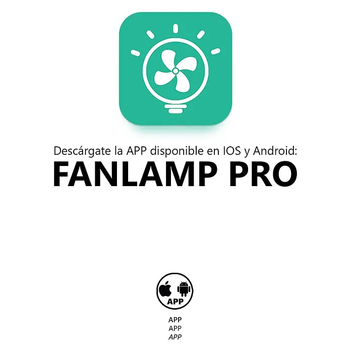 Alemar Ventilador de techo Siux - Blanco, 56 cm, 30 W - Icono de app verde para FANLAMP PRO, con una bombilla blanca y un ventilador, indicando una app inteligente de luz-ventilador.