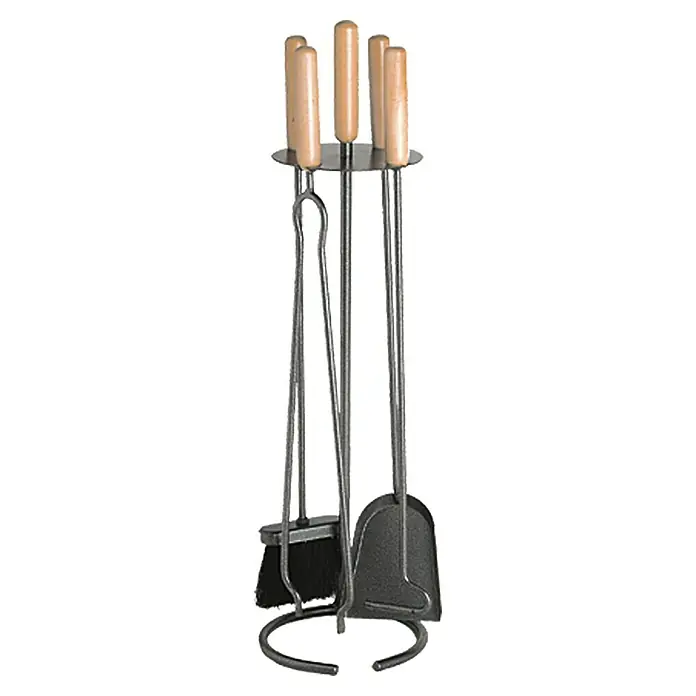 Lienbacher Juego de utensilios para chimenea - 4 pzs., Antracita, Altura: 73 cm - Juego de chimenea con pala, escoba, tenazas y atizador con mangos de madera sobre un soporte para la chimenea.