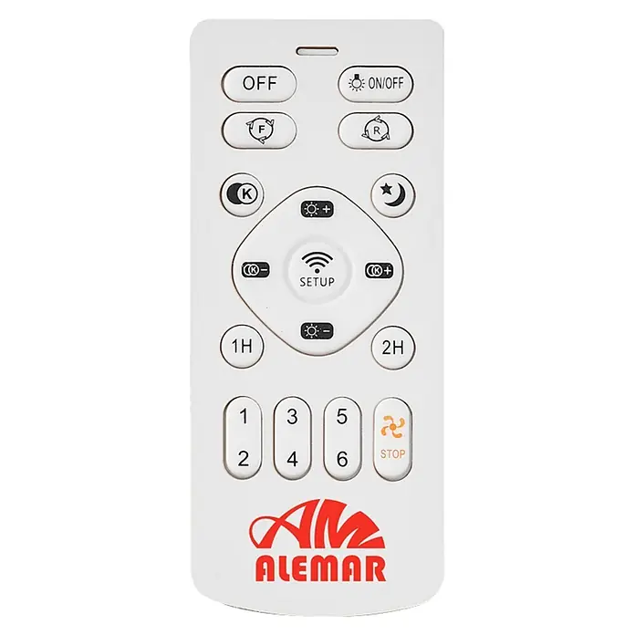 Alemar Ventilador de techo Siux - Negro, 56 cm, 30 W - Mando a distancia ALEMAR blanco para ventilador de techo con luz, con botones de potencia, velocidad, ajustes de luz y temporizador.