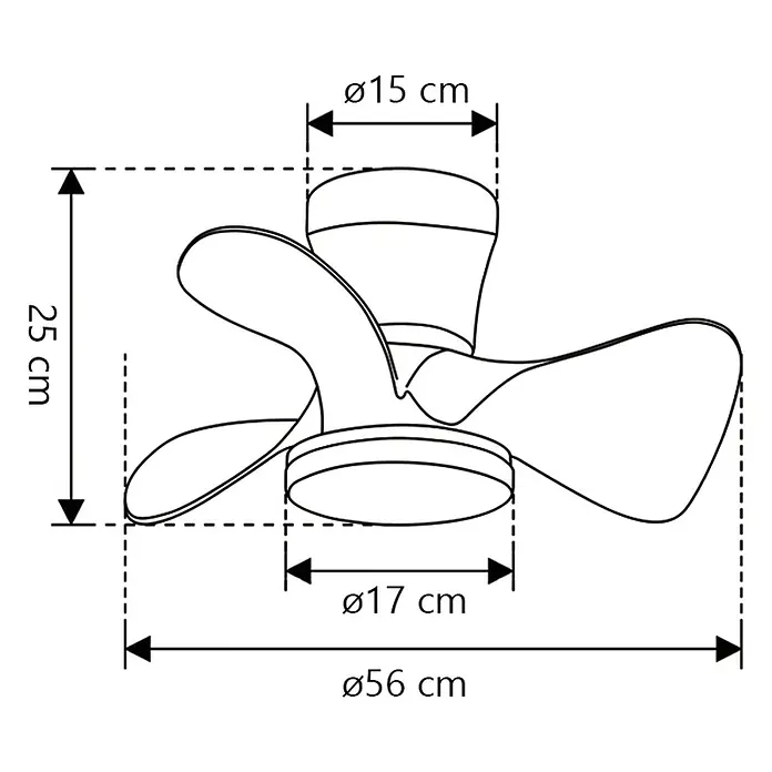 Alemar Ventilador de techo Siux - Negro, 56 cm, 30 W - Dibujo de contorno de un ventilador de techo de tres aspas con dimensiones: 25 cm de alto, 56 cm de diámetro total.