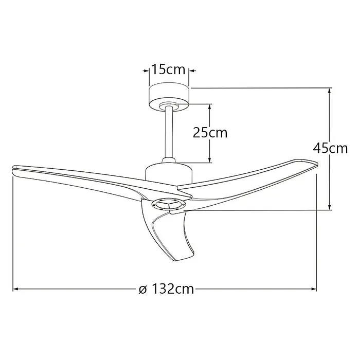 Alemar Ventilador de techo Cancun - Madera Oscura, 132 cm, 7 W - 40 W - Dibujo lineal de un ventilador de techo de tres aspas con dimensiones: 132cm diámetro, 45cm altura total, 25cm tija, 15cm florón.