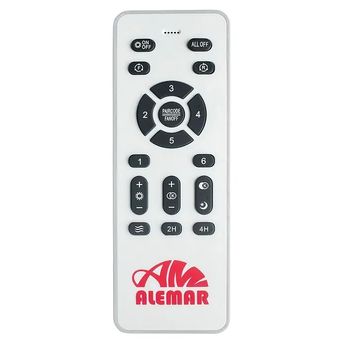 Alemar Ventilador de techo Madeira - Blanco/Madera, 132 cm, 7 W - 40 W - Mando a distancia ALEMAR blanco con botones negros para controlar brillo de luz, temperatura de color, velocidad del ventilador, oscilación y temporizador.
