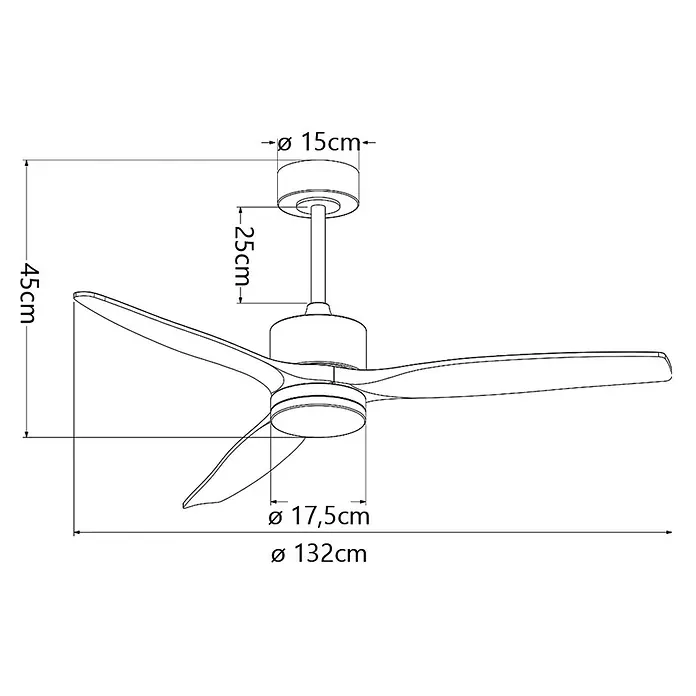 Alemar Ventilador de techo Madeira - Blanco/Madera, 132 cm, 7 W - 40 W - Dibujo técnico de un ventilador de techo blanco de tres aspas con dimensiones: 132cm de diámetro, 45cm de altura total, con vástago de 25cm.