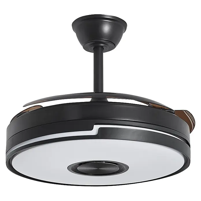 Alemar Ventilador de techo Auron - Negro, 107 mm, 30 W, RGB - Ventilador de techo negro con aspas retráctiles y luz LED integrada, suspendido de una varilla negra.