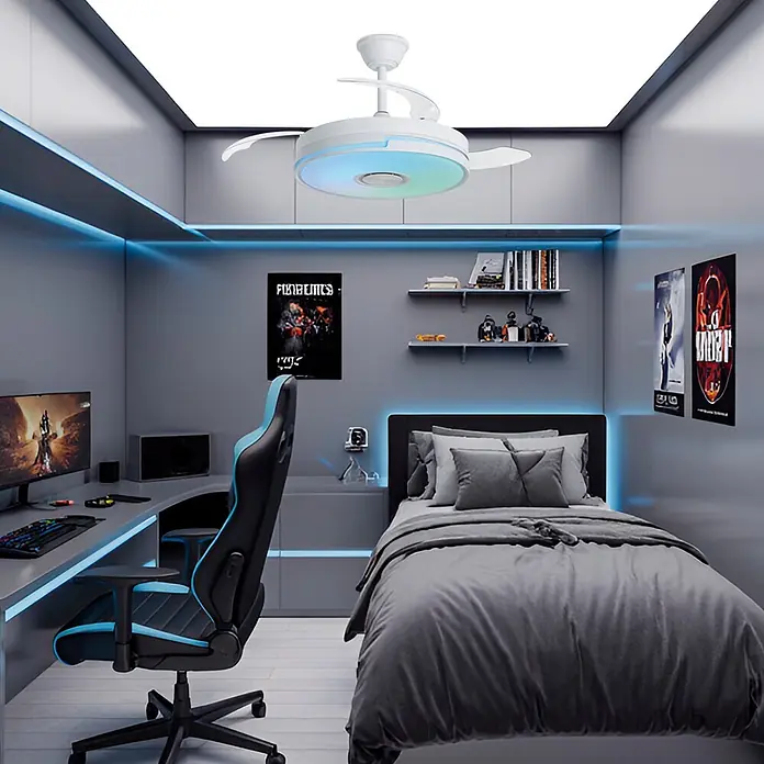 Alemar Ventilador de techo Auron - Blanco, 107 mm, 30 W, RGB - Ventilador de techo blanco con aspas retráctiles y luz LED multicolor, iluminando un dormitorio moderno.