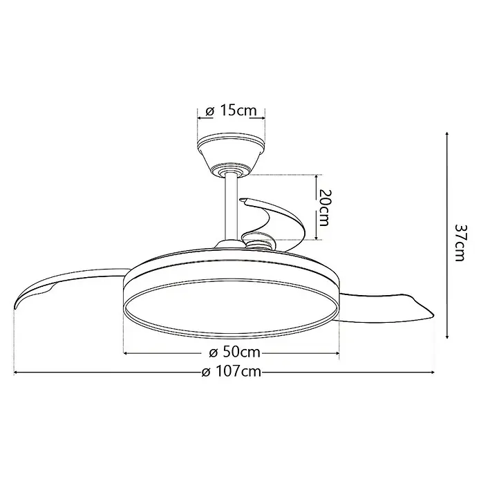 Alemar Ventilador de techo Auron - Blanco, 107 mm, 30 W, RGB - Dibujo técnico de un ventilador de techo con aspas retráctiles y luz integrada, mostrando dimensiones.