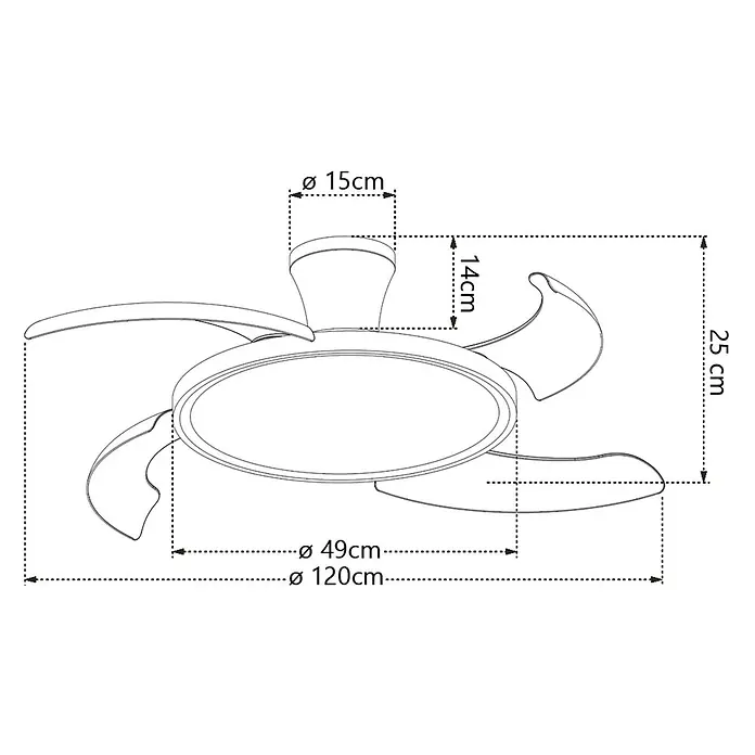 Alemar Ventilador de techo Qatar - Blanco - Dibujo técnico de un ventilador de techo con luz, mostrando dimensiones como 120cm de diámetro y 25cm de altura.