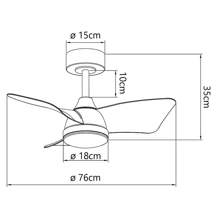 Alemar Ventilador de techo Tauro - Blanco, 76 cm, 30 W, Blanco neutro - Ventilador de techo de tres aspas, 76cm de diámetro y 35cm de altura total. Dibujo técnico con dimensiones.