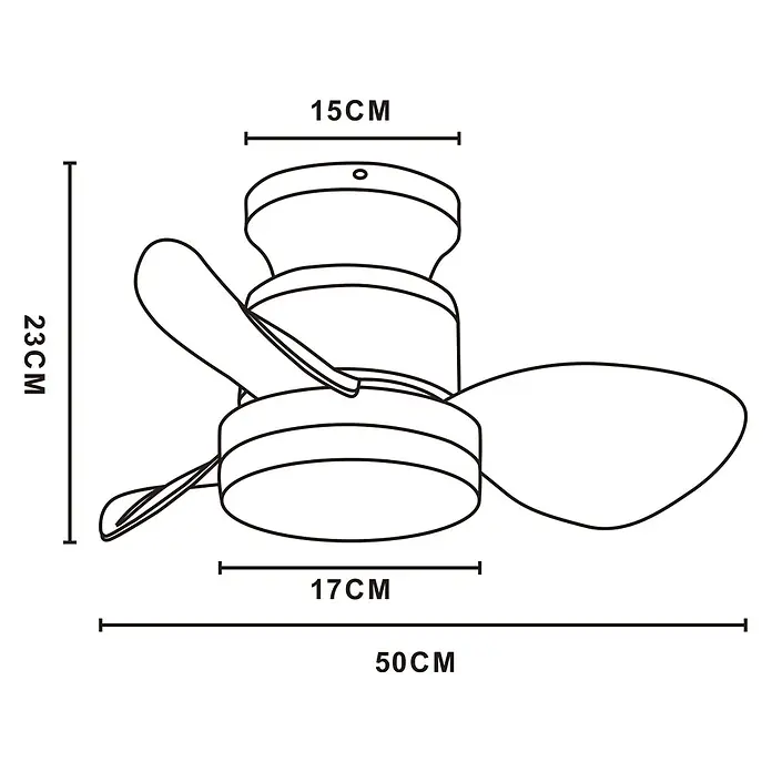 Alemar Ventilador de techo Salento - Arena, 50 mm, 30 W - Dibujo lineal de un pequeño ventilador de tres aspas con dimensiones: 23cm de alto, 50cm de ancho total.