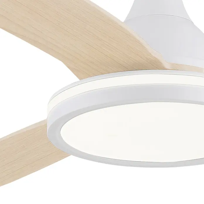 Alemar Ventilador de techo Mahon - Blanco/Madera, 107 cm - Ventilador de techo blanco con aspas de imitación madera clara y luz LED circular integrada.