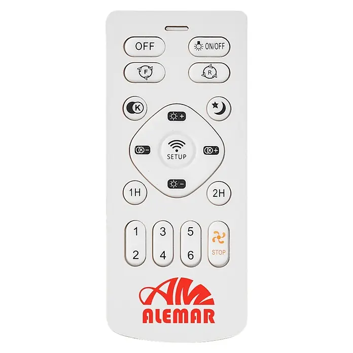 Alemar Ventilador de techo Salento - Blanco, 50 mm, 30 W - Mando a distancia ALEMAR blanco para ventilador de techo con luz, con botones para encendido, luz, brillo, dirección del ventilador, velocidad, temporizador y configuración.
