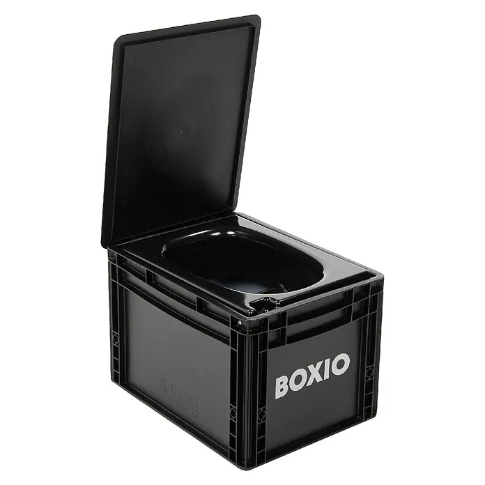 Boxio Campingtoilette Basis - L x B x H: 40 x 30 x 28 cm, 1 -tlg., Kunststoff - Schwarze Kunststoff-Campingtoilette mit offenem Deckel und geformtem Einsatz.