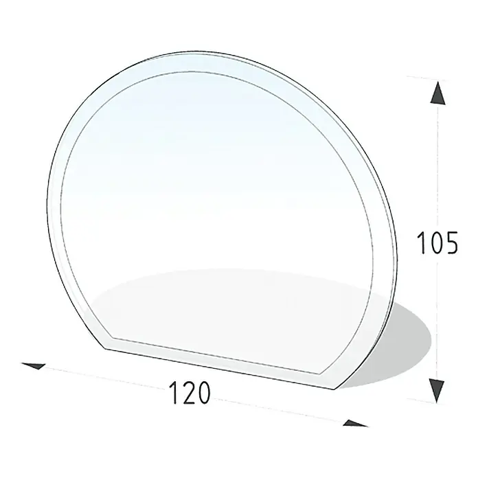 Lienbacher Glasbodenplatte - 105 x 120 cm, Gebogen - Abbildung einer ovalen, transparenten Kunststoffplatte mit abgerundeten Ecken und den Maßen 120 x 105.