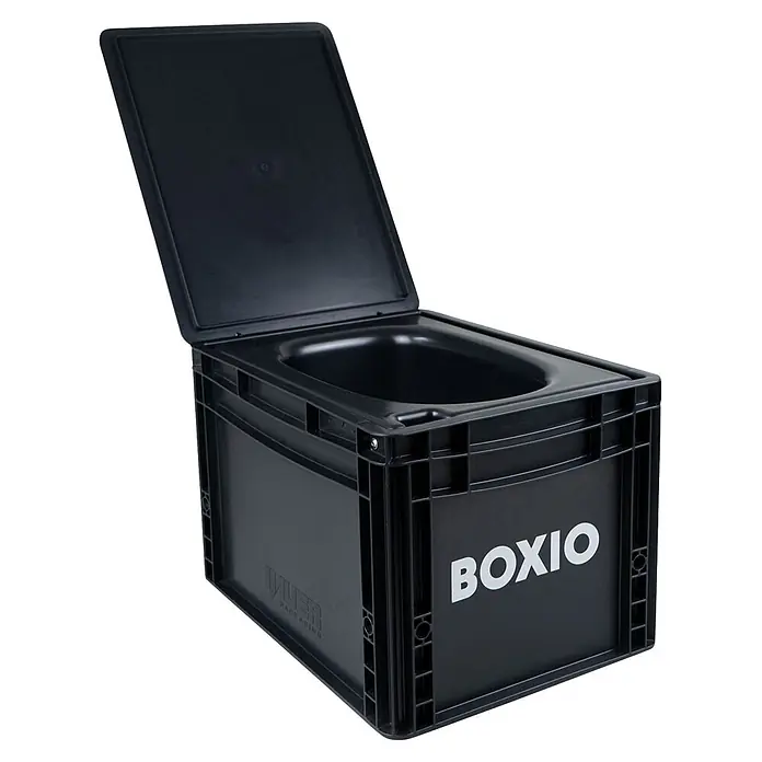 Boxio Campingtoilette Basis - L x B x H: 40 x 30 x 28 cm, 1 -tlg., Kunststoff - Schwarze Kunststoff-Campingtoilette mit geöffnetem Deckel und innerem Becken in Kistenform.
