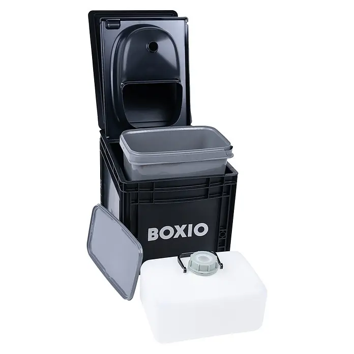 Boxio Campingtoilette Basis - L x B x H: 40 x 30 x 28 cm, 1 -tlg., Kunststoff - Tragbare Campingtoilette: dunkelgraue Box mit offenem Deckel, grauem Innenbehälter und weißem Wassertank.