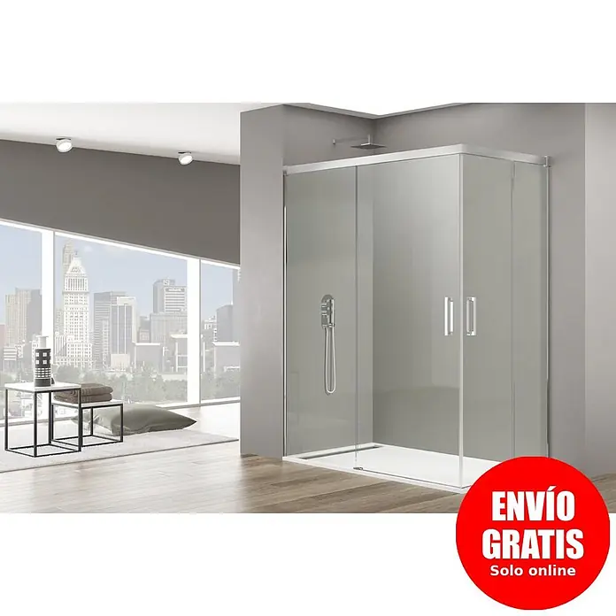 GME Mampara de ducha esquinera Basic Angular - L x An x Al: 100 x 100 x 196 cm, Vidrio transparente, Plata brillo - Mampara de ducha angular moderna con puertas correderas de cristal transparente y plato de ducha blanco, para baños actuales.
