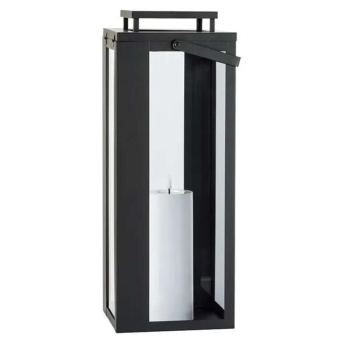 LED-Laterne Lucido - 18 x 18 x 48,5 cm, Schwarz - Schwarze Metalllaterne mit klaren Glasscheiben und offener Tür, enthält eine weiße LED-Kerze.
