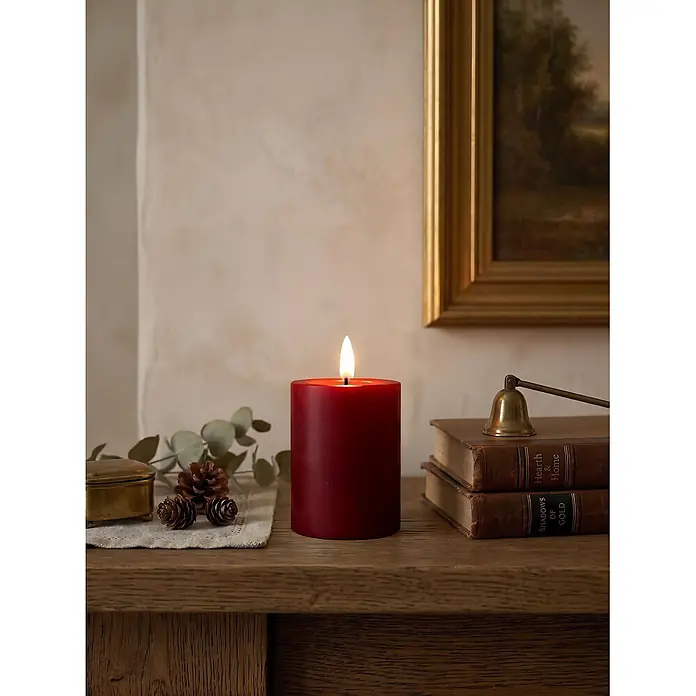 LED-Kerze Novita - Bordeaux, Ø x H: 7,5 x 10 cm, Echtwachs - Eine angezündete rote Stumpenkerze steht auf einer Holzoberfläche, umgeben von rustikaler Dekoration wie Tannenzapfen und alten Büchern.