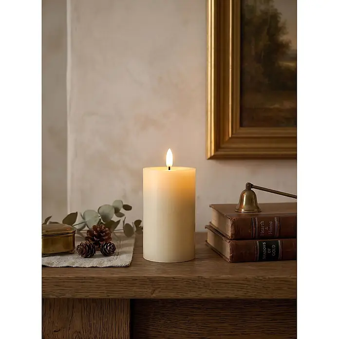 LED-Kerze Novita - Creme, Ø x H: 7,5 x 12,5 cm, Echtwachs - Eine cremefarbene LED-Stumpenkerze mit realistisch flackernder Flamme in gemütlicher, rustikaler Umgebung.