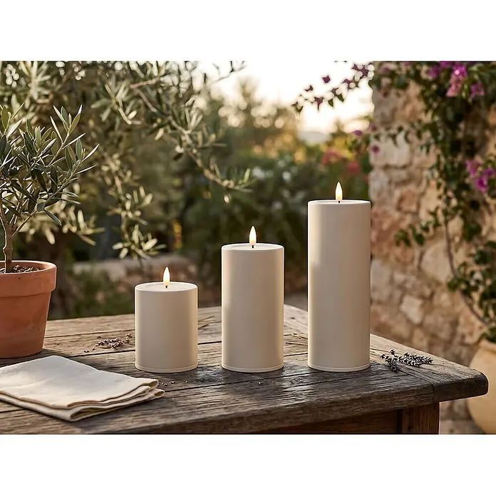 LED-Kerze Niumi - Ø x H: 8 x 20 cm, Creme, Metall - Drei helle LED-Stabkerzen unterschiedlicher Höhe auf einem rustikalen Holztisch für stimmungsvolle Außenbeleuchtung.