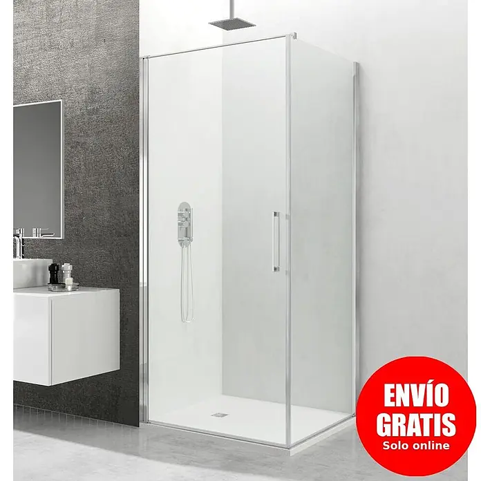 GME Mampara de ducha esquinera Open Combi A - L x An x Al: 70 x 70 x 195 cm, Plata brillo - Mampara de ducha moderna de cristal con marco, tirador cromados y plato de ducha blanco en un baño.