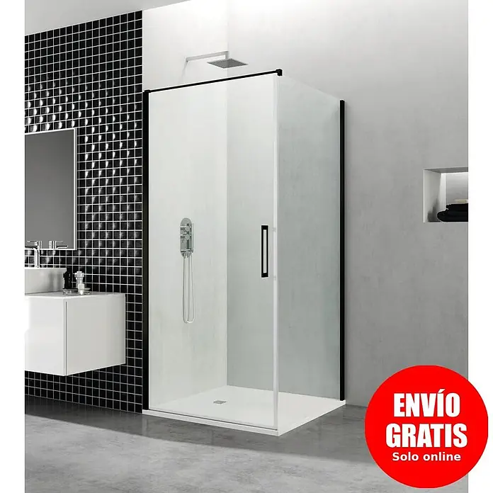 GME Mampara de ducha esquinera Open Combi A - L x An x Al: 70 x 65 x 195 cm, Negro - Mampara de ducha con marco negro, cristal transparente y plato blanco en un baño moderno.