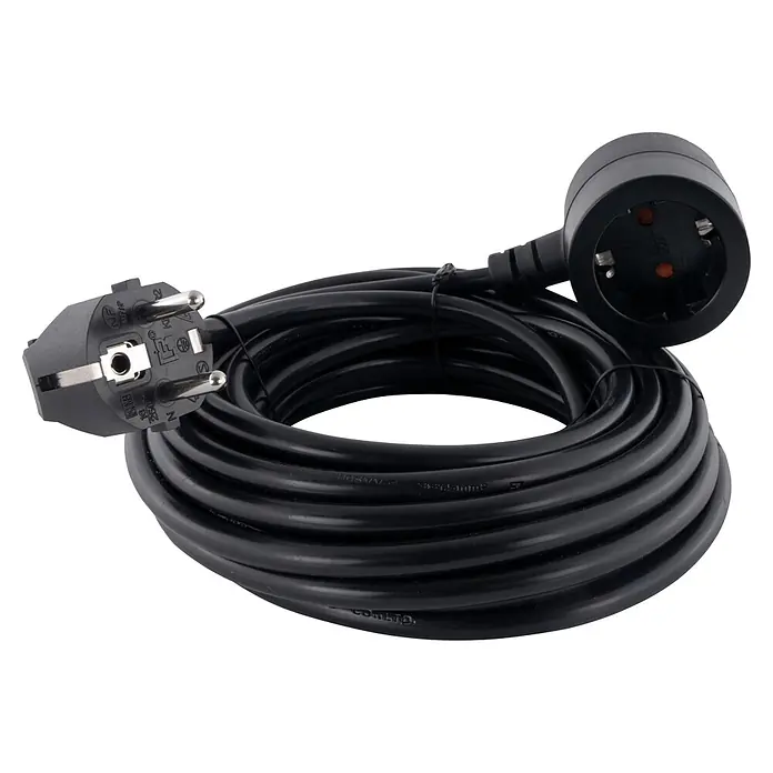 REV Verlängerungskabel Schutzkontakt mit Magnet - 7,5 m, Schwarz - Schwarzes, aufgerolltes Verlängerungskabel mit Schuko-Stecker und -Kupplung.