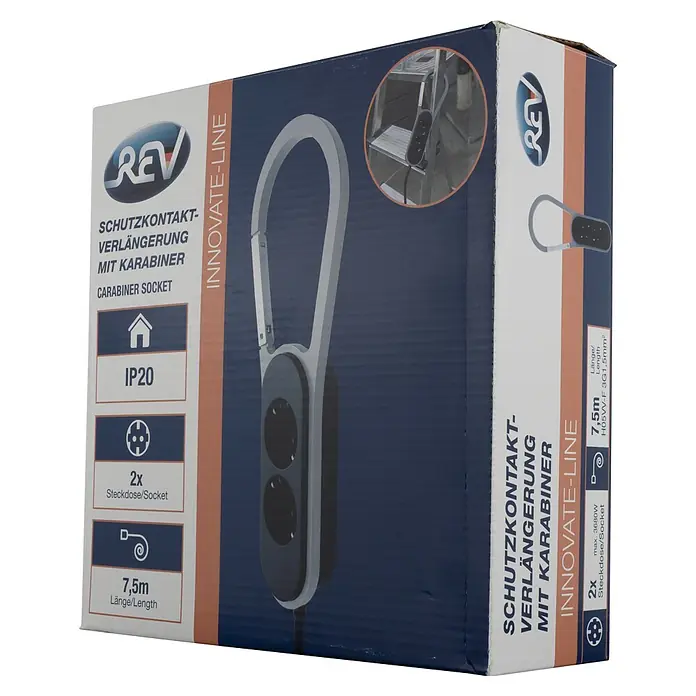 REV Steckdosenleiste Schutzkontakt mit Karabiner - Kabellänge: 7,5 m - Karton für REV Innovate-Line Schutzkontakt-Verlängerung, zeigt grau-schwarzes Gerät mit zwei Steckdosen und 7,5m Kabel.