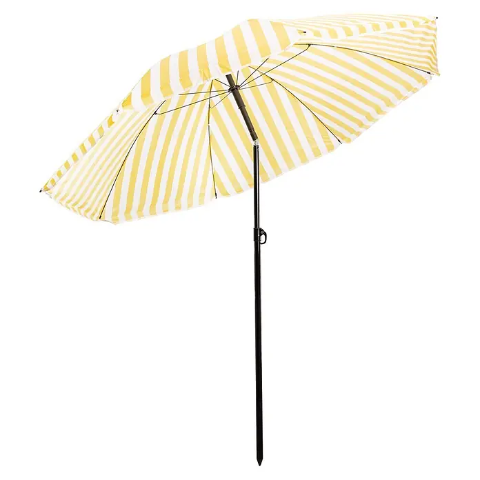 Strandschirm - Weiß/Gelb, Durchmesser Bespannung: 180 cm - Gelb-weiß gestreifter Sonnenschirm mit schwarzem Stock.