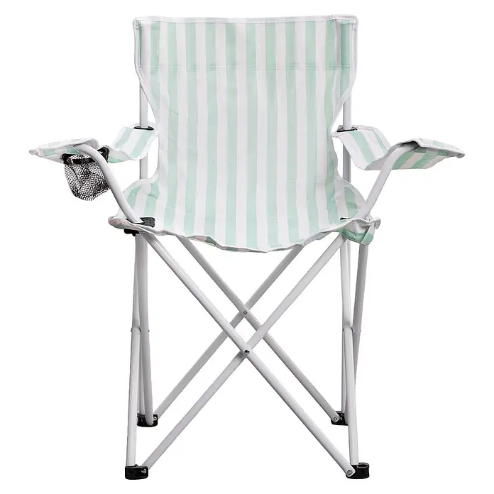 Strandstuhl Vibe - Polyester, Klappbar, Türkis/Weiß, B x T x H: 80 x 51 x 80 cm - Faltbarer Campingstuhl mit hellgrün-weiß gestreiftem Stoff, weißem Metallrahmen und schwarzem Netz-Getränkehalter.