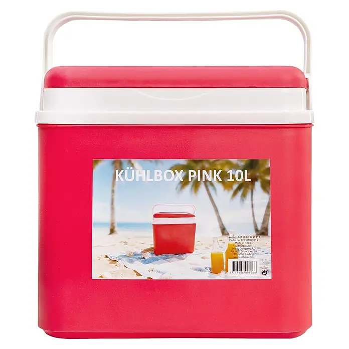Kühlbox - 10 l, Pink-Weiß - Rosafarbene Kühlbox aus Kunststoff mit weißem Deckel und Griff, 10L Fassungsvermögen.