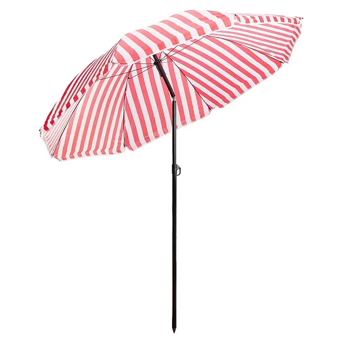 Strandschirm - Weiß/Pink, Durchmesser Bespannung: 180 cm - Rot-weiß gestreifter Sonnenschirm mit dunklem Mast.