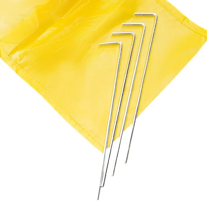 Pop-Up Strandmuschel - B x T x H: 180 x 125 x 83 cm, Polyester/Fiberglas, Gelb-Weiß - Vier silberne Erdspieße aus Metall und eine gelbe Stoffflagge.