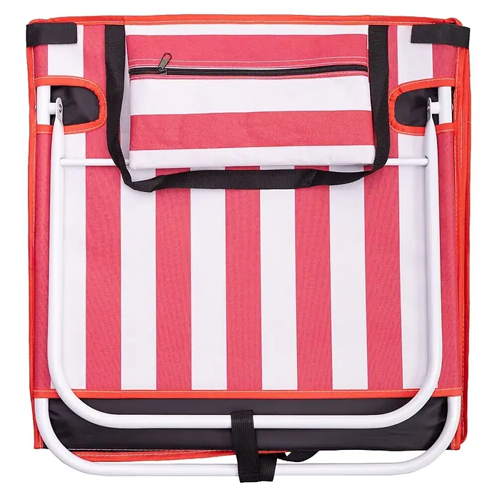 Strandmatte - L x B: 128 x 51 cm, Rot-Weiß - Geklappter rot-weiß gestreifter Strandstuhl mit weißem Metallrahmen, schwarzen Gurten und Reißverschlusstasche, transportbereit.
