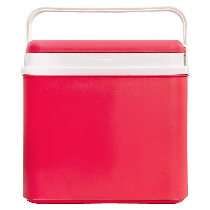 Kühlbox - 10 l, Pink-Weiß - Rote Kunststoff-Kühlbox mit weißem Deckel und Griff, tragbar.