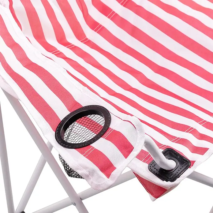 Strandstuhl Vibe - Polyester, Klappbar, Pink/Weiß, B x T x H: 80 x 51 x 80 cm - Nahaufnahme eines rot-weiß gestreiften Strandstuhls aus Stoff mit schwarzem Netz-Getränkehalter und weißem Metallrahmen.