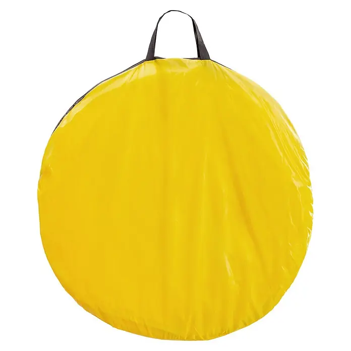Pop-Up Strandmuschel - B x T x H: 180 x 125 x 83 cm, Polyester/Fiberglas, Gelb-Weiß - Zusammengefaltetes gelbes rundes Pop-up-Zelt oder Laufgitter mit schwarzem Tragegriff.