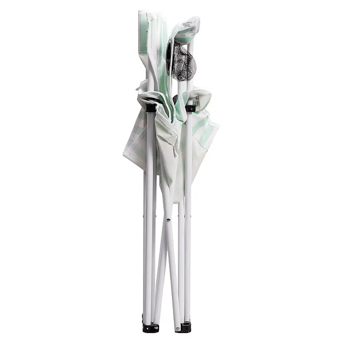 Strandstuhl Vibe - Polyester, Klappbar, Türkis/Weiß, B x T x H: 80 x 51 x 80 cm - Geklappter Campingstuhl, weißes Gestell, grün-weiß gestreifter Stoff.