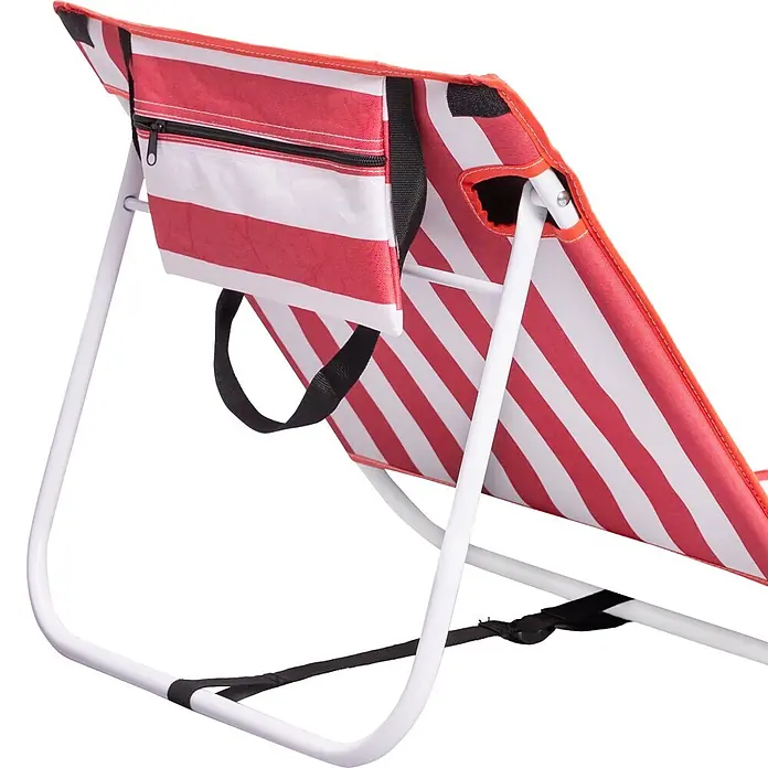 Strandmatte - L x B: 128 x 51 cm, Rot-Weiß - Roter und weiß gestreifter Strandstuhl von hinten, mit weißem Rahmen, Reißverschlussfach und Tragegurten.