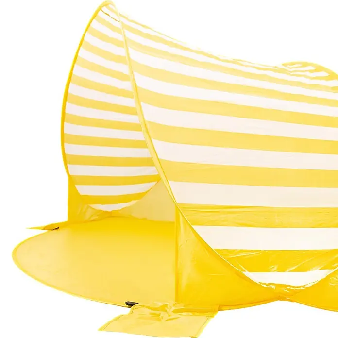 Pop-Up Strandmuschel - B x T x H: 180 x 125 x 83 cm, Polyester/Fiberglas, Gelb-Weiß - Gelb-weiß gestreiftes Pop-up-Strandzelt mit einfarbig gelbem Boden.