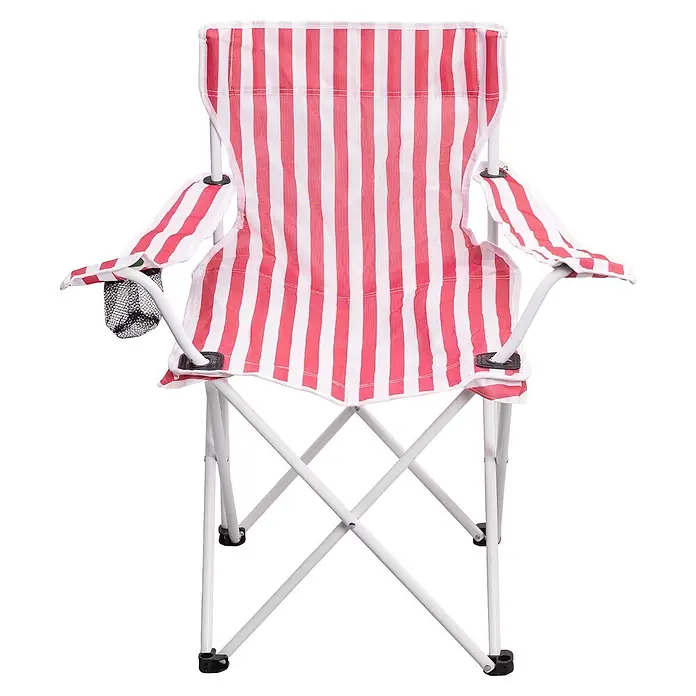 Strandstuhl Vibe - Polyester, Klappbar, Pink/Weiß, B x T x H: 80 x 51 x 80 cm - Rot-weiß gestreifter Klappstuhl mit weißem Gestell und schwarzem Getränkehalter aus Netz.