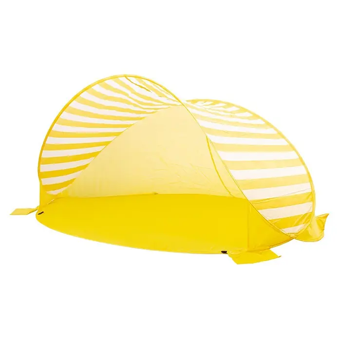 Pop-Up Strandmuschel - B x T x H: 180 x 125 x 83 cm, Polyester/Fiberglas, Gelb-Weiß - Gelb-weiß gestreiftes Pop-up-Strandzelt.