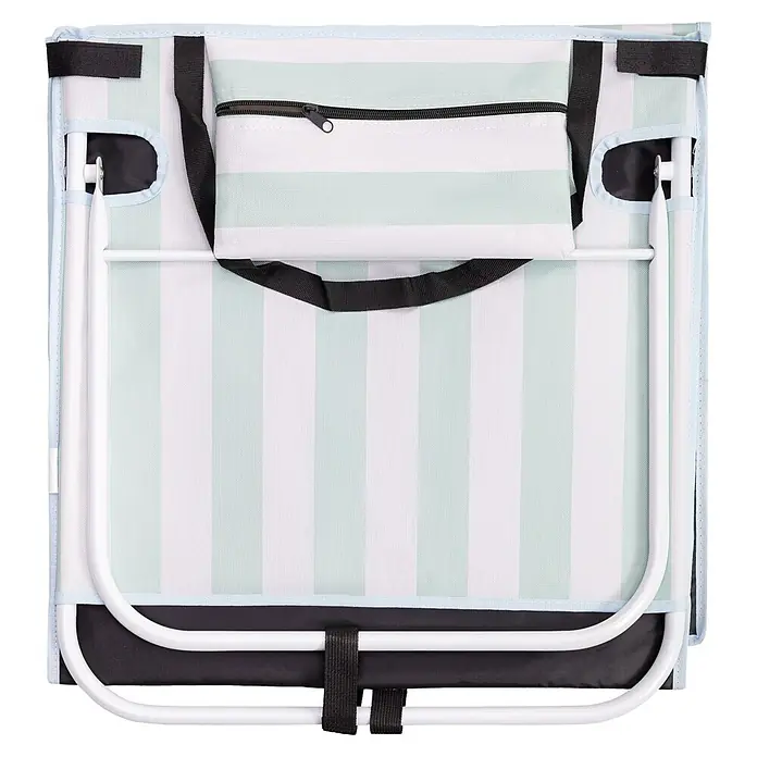 Strandmatte - L x B: 128 x 51 cm, Türkis-Weiß - Geklappter Strandstuhl mit hellgrün-weißen Streifen, schwarzen Gurten, weißem Metallrahmen und Reißverschlusstasche.
