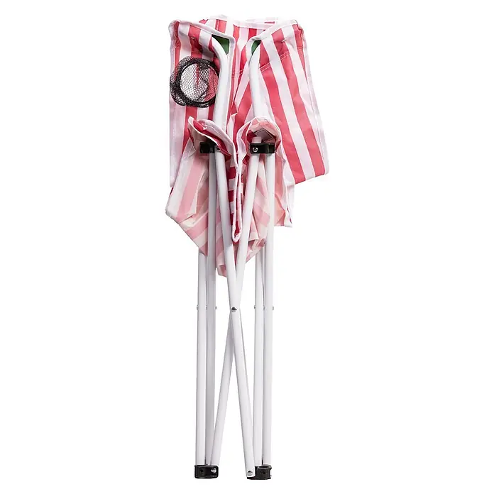 Strandstuhl Vibe - Polyester, Klappbar, Pink/Weiß, B x T x H: 80 x 51 x 80 cm - Geklappter rot-weiß gestreifter Stuhl mit weißem Gestell und schwarzen Details. Eine kleine Netztasche ist befestigt.