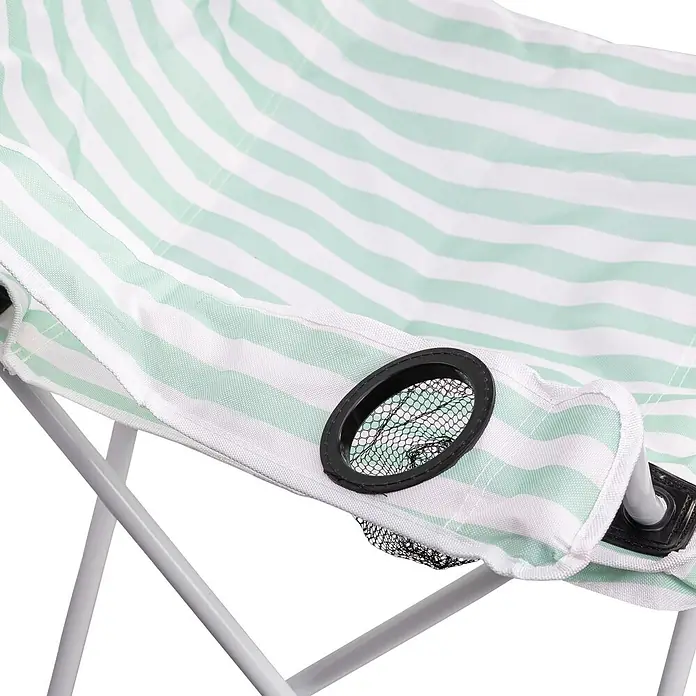 Strandstuhl Vibe - Polyester, Klappbar, Türkis/Weiß, B x T x H: 80 x 51 x 80 cm - Grün-weiß gestreifter Campingstuhl-Stoff mit schwarzem Netz-Getränkehalter und grauem Gestelldetail.