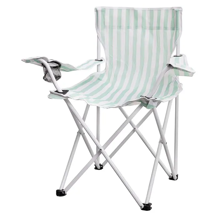 Strandstuhl Vibe - Polyester, Klappbar, Türkis/Weiß, B x T x H: 80 x 51 x 80 cm - Weiß-hellgrün gestreifter, klappbarer Campingstuhl mit Becherhalter.