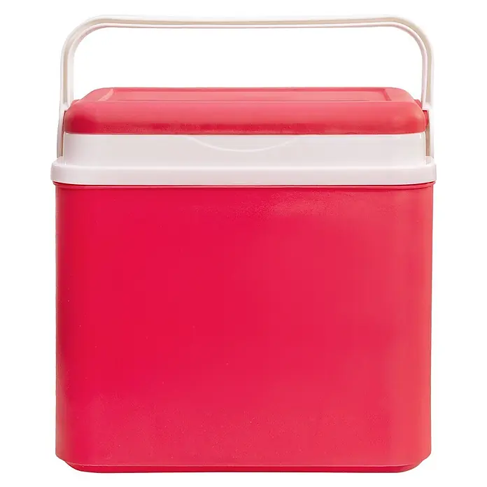 Kühlbox - 10 l, Pink-Weiß - Rote und weiße tragbare Kühlbox aus Kunststoff mit weißem Griff.